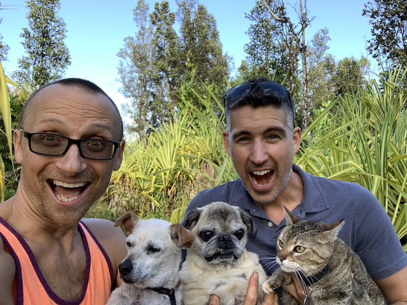 Two men with their two dogs and a cat